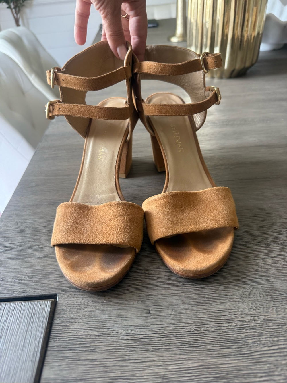 Stuart Weitzman Cognac Suede Double-Ankle Block Heel Sandals
